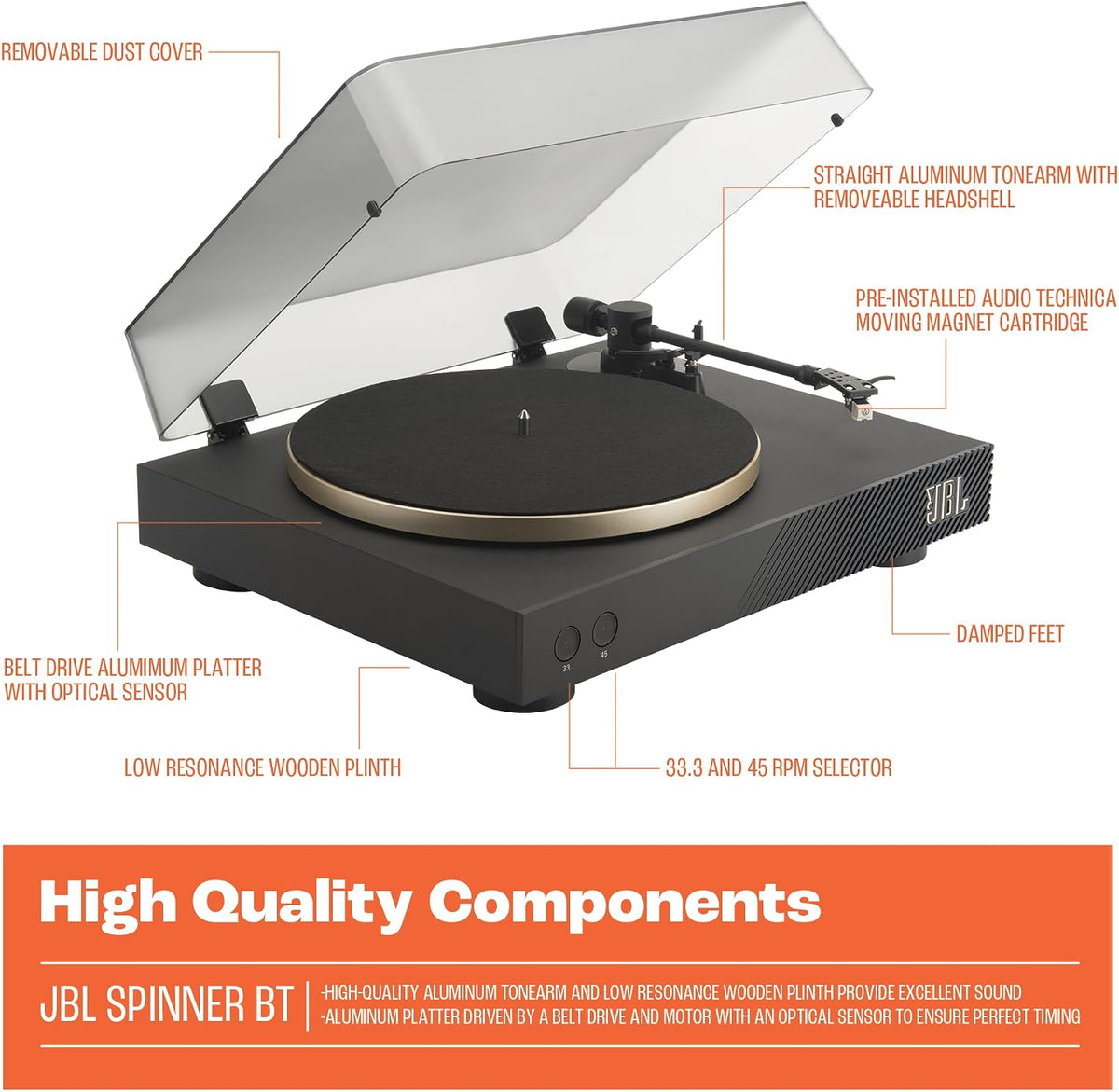 JBL Spinner BT - Bluetooth con tocadiscos AptX-HD™, componentes, carcasa extraíble, bandeja de aluminio y transmisión por correa, cartucho magnético móvil preinstalado (dorado)