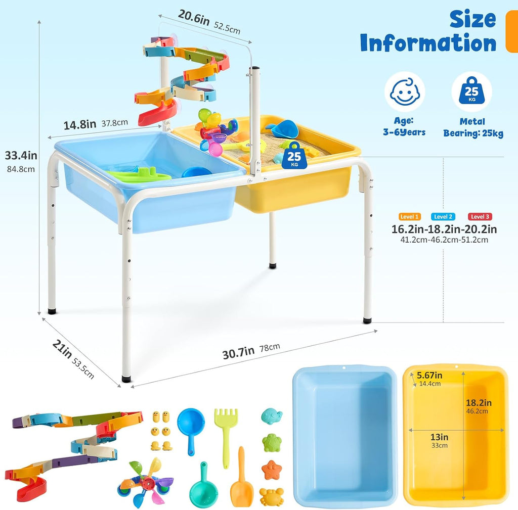 FUNLIO Mesa de agua para niños pequeños, mesa de agua y arena ajustable para niños de 3 a 6 años, mesa sensorial 4 en 1 para niños pequeños con 2 contenedores de almacenamiento, tablero acrílico y 16 piezas de accesorios, juego en interiores y exteriores