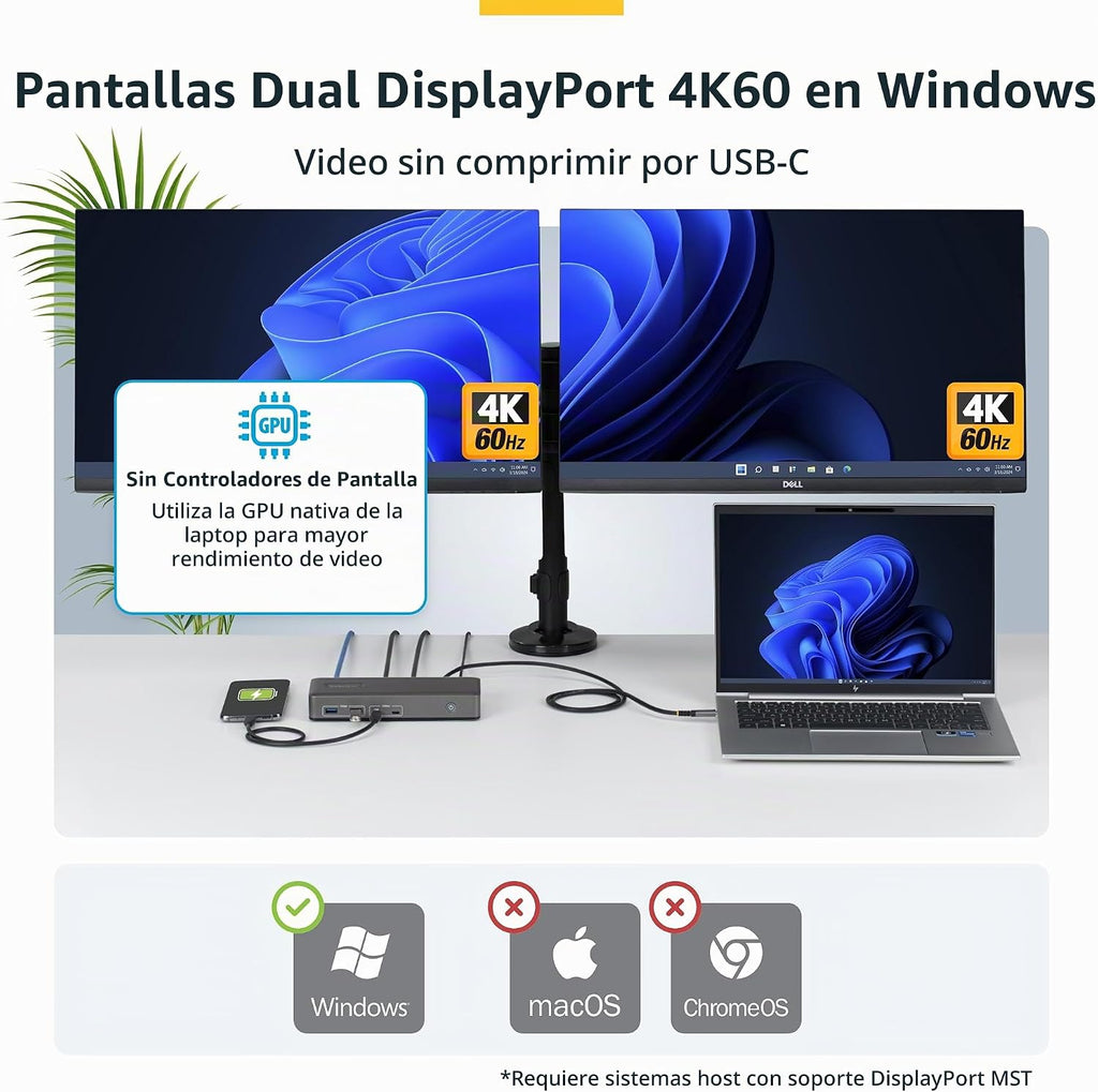 StarTech Dock USB-C Dual 4K 60Hz DisplayPort sin controladores, 100W, GbE, BYOD