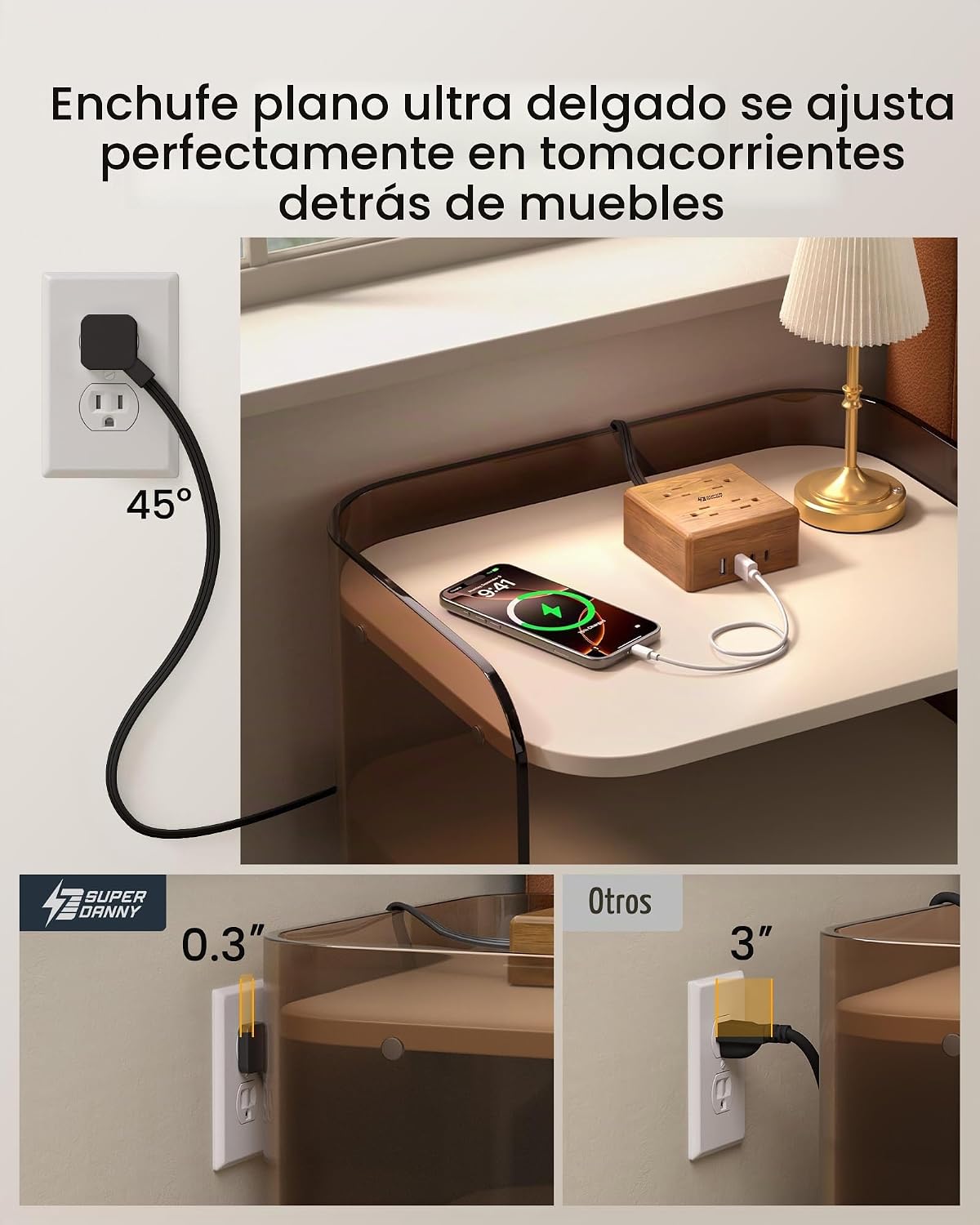 SUPERDANNY - Enchufe múltiple con protector de subida de tensión, cable de extensión de escritorio con 4 salidas muy espaciadas y 4 puertos USB inteligentes, estación de carga portátil para el hogar