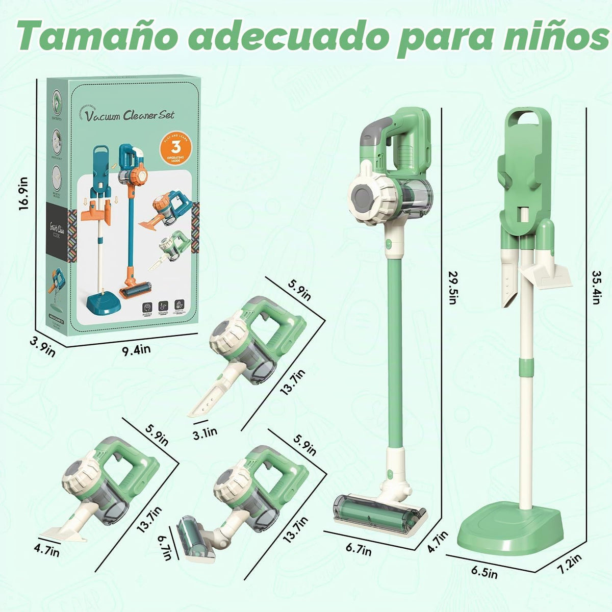 Aspiradora 3 en 1 para niños que realmente funciona con succión real, aspiradora de juguete inalámbrica, juego de limpieza interactivo para niños a partir de 3 años (verde)