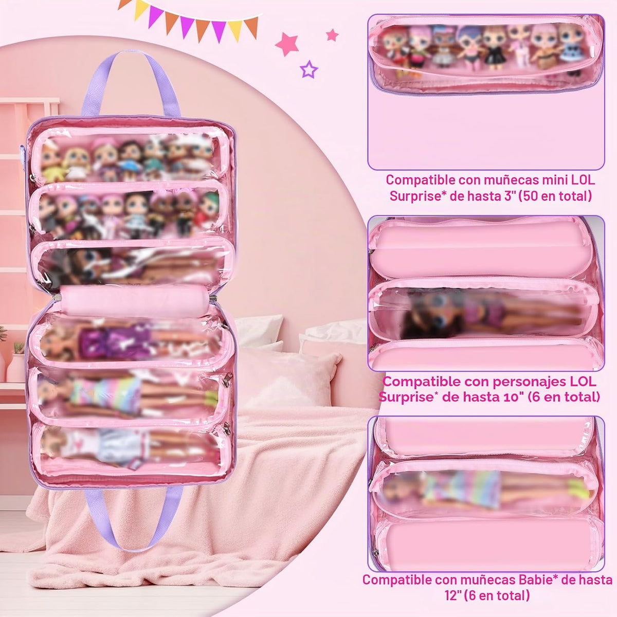 Bolsa de transporte para muñecas compatible con muñecas LOL Surprise, bolsa de transporte compatible con muñecas Barbie de 6 a 12 pulgadas, organizador todo en uno para muñecas y accesorios (solo