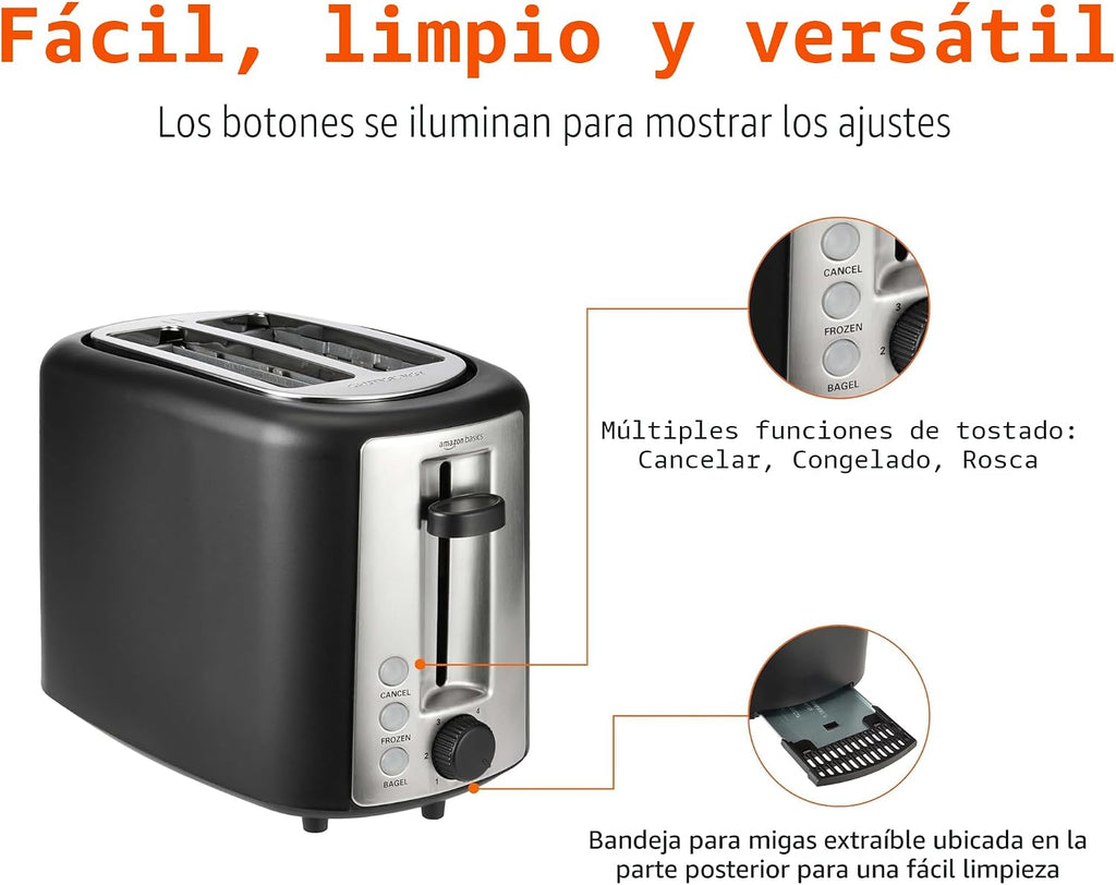 Amazon Basics Tostadora de 2 rebanadas, ranuras extra anchas para bagels, 6 ajustes de tostado, bandeja extraíble para migas, botones de descongelación/cancelación/bagel, envoltura de cable, 900 W