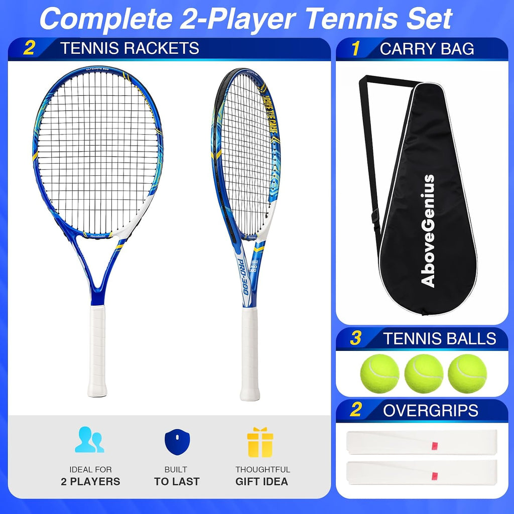 Juego de raquetas de tenis para adultos, 2 raquetas de tenis preencordadas de 27 pulgadas con marco de una pieza, cabeza de gran tamaño de 105 pulgadas cuadradas, sensación de reducción de