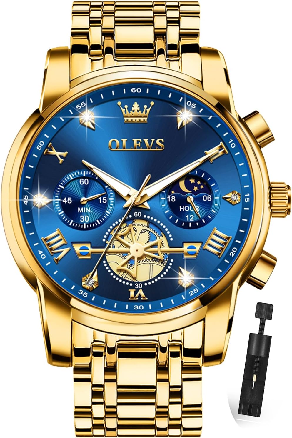 OLEVS Relojes para hombres Luxurious vestimenta acero inoxidable resistente al agua cronógrafo