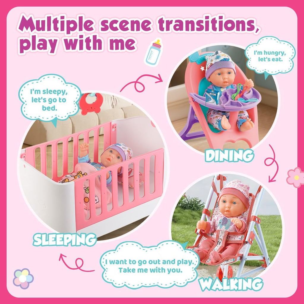 Juego de accesorios para cuna y cochecito de bebé con muñeca de bebé de 11 pulgadas