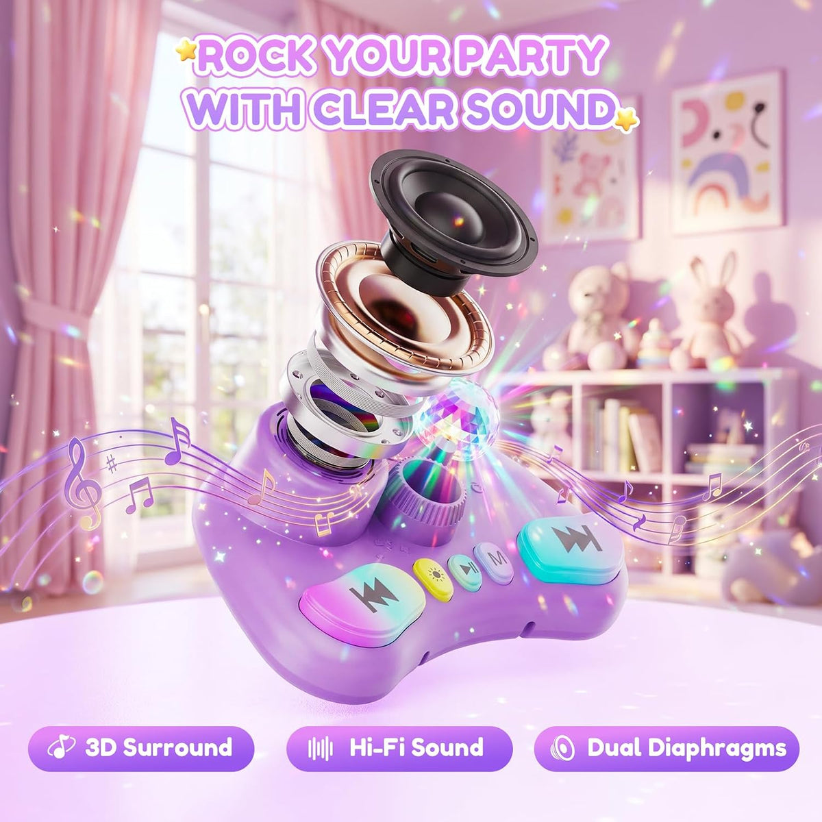 Máquina de karaoke con soporte para niños, micrófono de karaoke recargable con luz de discoteca y 2 micrófonos inalámbricos, juguetes de canto de Navidad, regalos de cumpleaños para niñas de 3, 4, 5