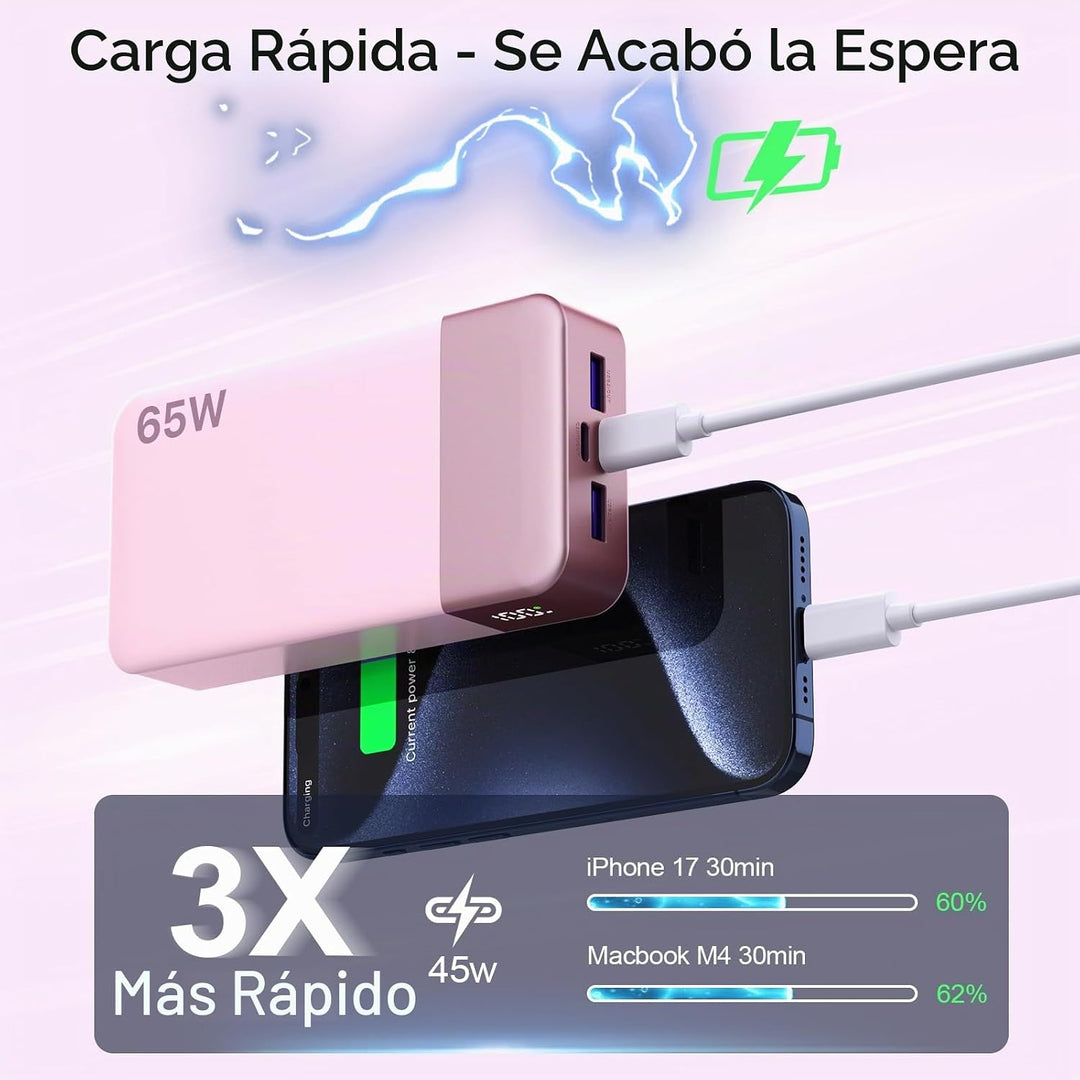 NOBIS Cargador portátil, 65 W, 20000 mAh, carga rápida, PD QC, 2 US...