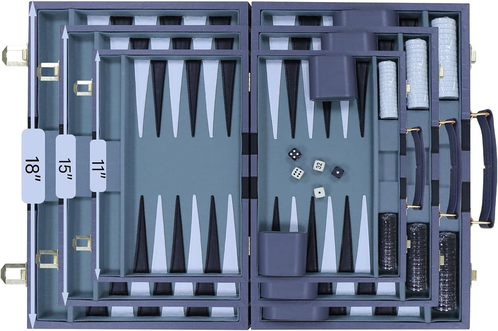 Backgammon - Juego de mesa clásico con funda de piel sintética de alta calidad, juego de estrategia de viaje portátil de backgammon para adultos, niños, noche de juego familiar, vacaciones y regalos (11 pulgadas, pequeño, gris)