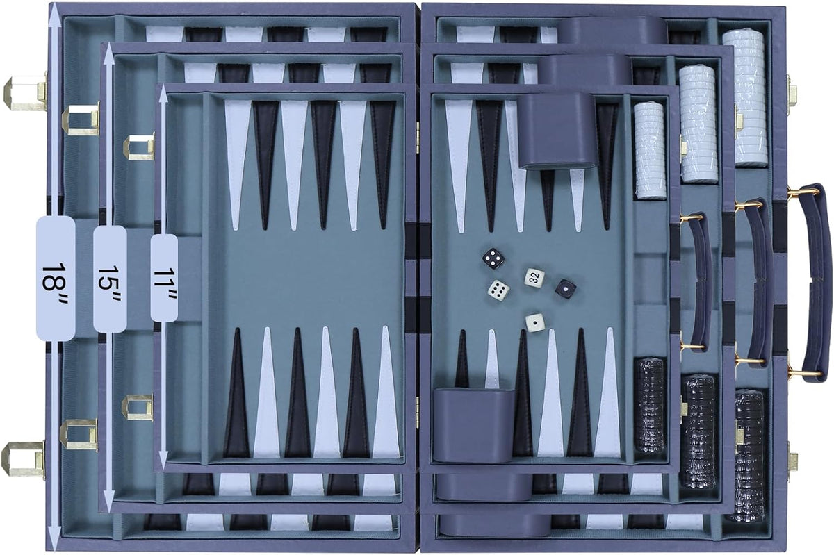 Backgammon - Juego de mesa clásico con funda de piel sintética de alta calidad, juego de estrategia de viaje portátil de backgammon para adultos, niños, noche de juego familiar, vacaciones y regalos (11 pulgadas, pequeño, gris)