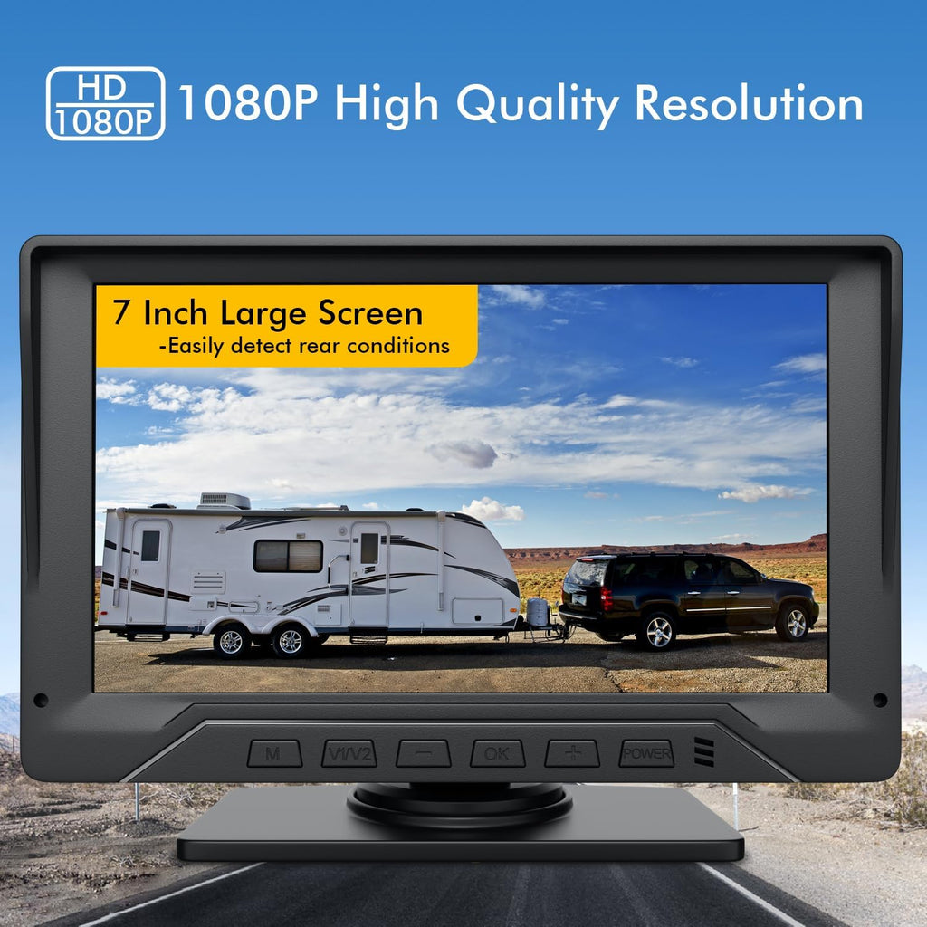 Sistema de cámara de respaldo para RV, cámara de respaldo con cable de 7 pulgadas para camión, remolque, cámper, cámara de visión trasera HD 1080P con 2 canales, cero retardo, gran angular de 150°, visión nocturna LED, impermeable IP69, pautas de