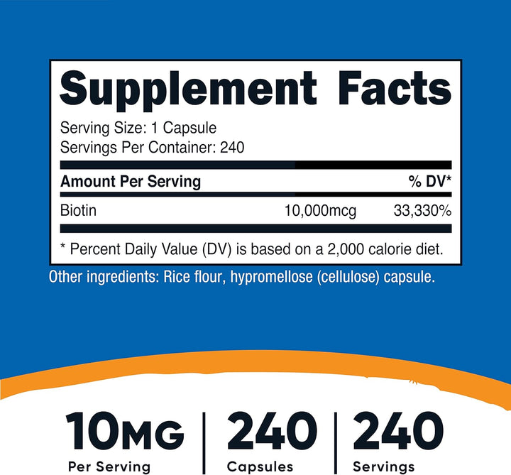 Nutricost Biotina (vitamina B7) 10,000mcg, 240 cápsulas (3 botellas...