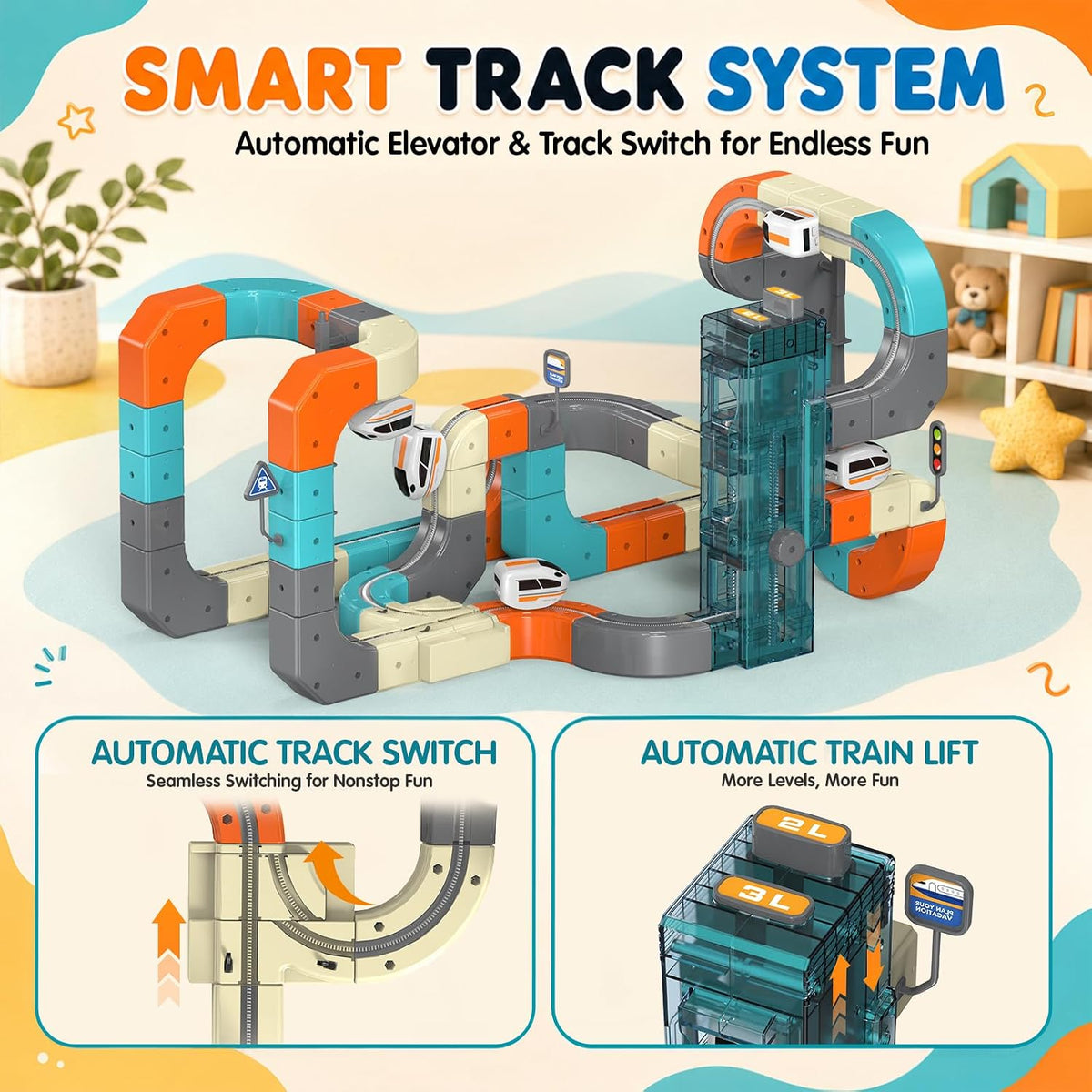 Juego de tren eléctrico de 106 piezas para niños con elevador automático e