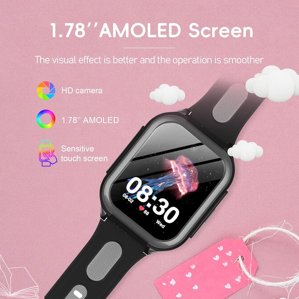 Wonlex - Reloj inteligente con GPS 4G para niños, pantalla táctil AMOLED de 1.78 pulgadas, reloj grande con tarjeta SIM, videollamadas, chat de voz, SOS, cámara, música, podómetro, juego,