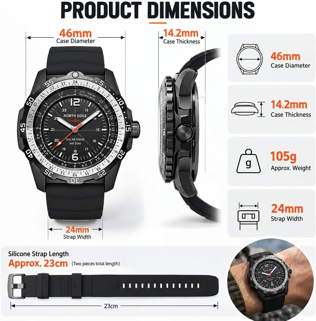 NORTH EDGE Reloj solar para hombre, sin necesidad de batería, 50M resistente al agua, reloj militar al aire libre, analógico luminosa, correa de silicona duradera, tamaño 46mm