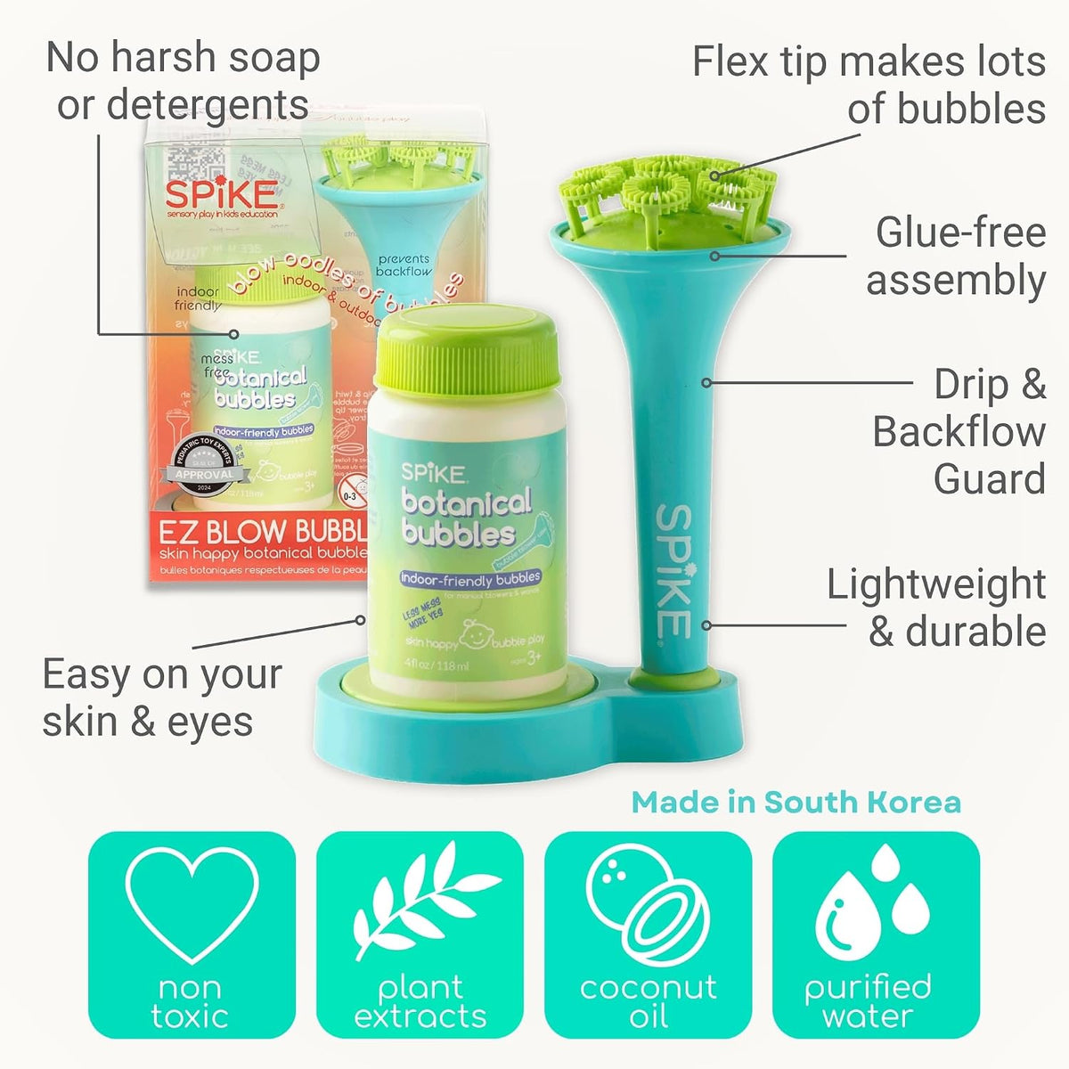 Innobaby Spike - Soplador de burbujas botánicas sin desorden y bandeja, color aguamarina