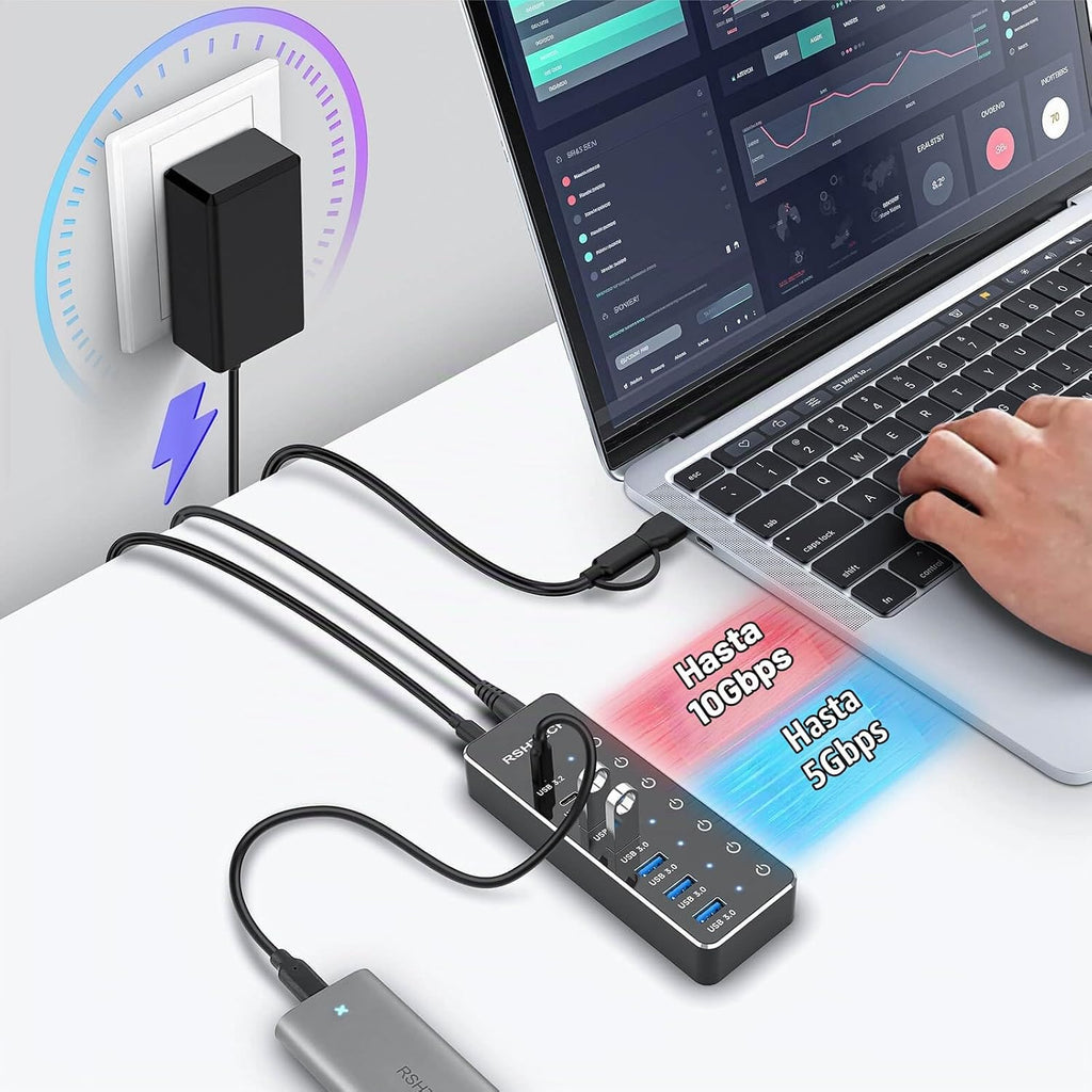 RSHTECH, RSH-ST07C, hub USB 3.2 de 7 puertos, alimentado, adaptador 5V/3A
