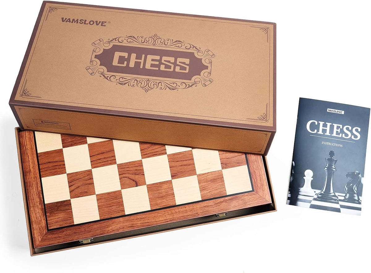 Juego de ajedrez grande de 16 pulgadas/16.5 in de tablero de madera plegable con piezas de ajedrez acrílico ponderadas de lujo, tamaño King de 3.5 pulgadas con ranuras de almacenamiento para adultos, regalo de jubilación de inauguración de la casa