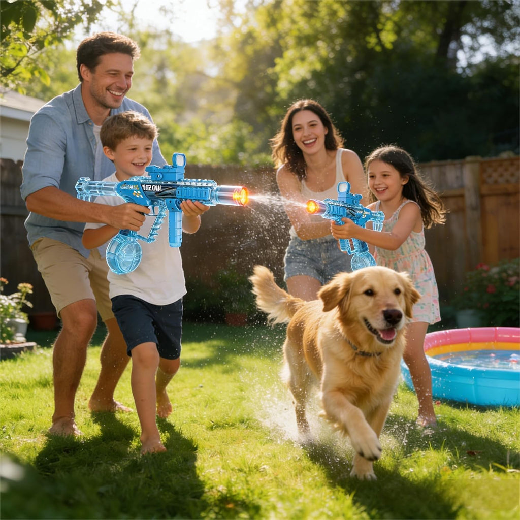 Pistola de agua eléctrica, cargador de 10.8 fl oz, flash de bozal y soplado, agarre de mano giratorio, mira de punto rojo, acción extensible, piscina al aire libre, playa y patio trasero, para niños y