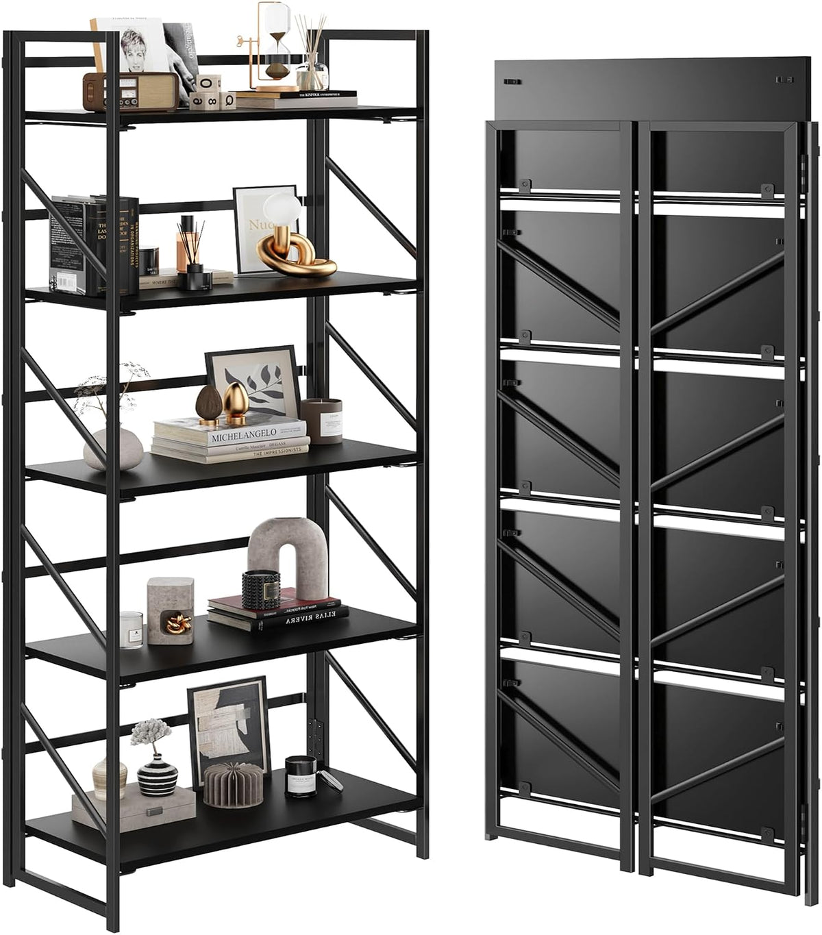 JSB Estantería Plegable Sin Montaje, Estante de Libros de Metal Industrial de 5 Niveles para Almacenamiento, Estantería Plegable de Madera Vintage para Sala de Estar, Dormitorio, Estantes de
