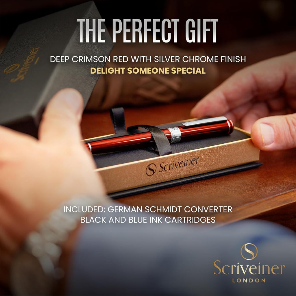 Scriveiner - Pluma fuente Deep Crimson Rojo – Impresionante pluma de lujo con acabado cromado, punta Schmidt (mediana), el mejor juego de regalo para hombres y mujeres, profesionales, ejecutivos, oficina, elegantes plumas fuentes