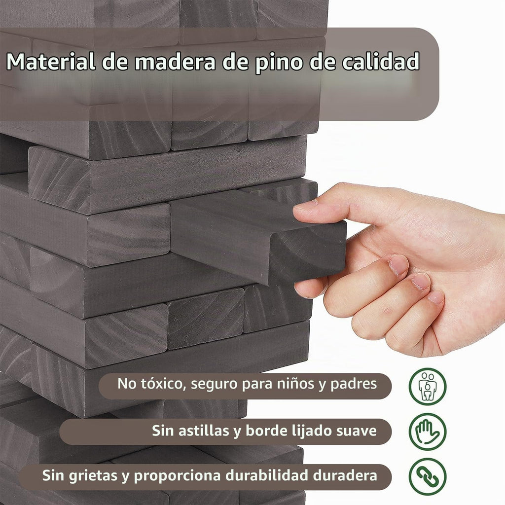Juegoal Torre Gigante de Caída de 54 Piezas Gris para Adultos, Niños y Familia, Juego de Apilamiento de Bloques de Madera con Tablero de Juego y Bolsa de Lona, Juegos al Aire Libre para Patio Trasero
