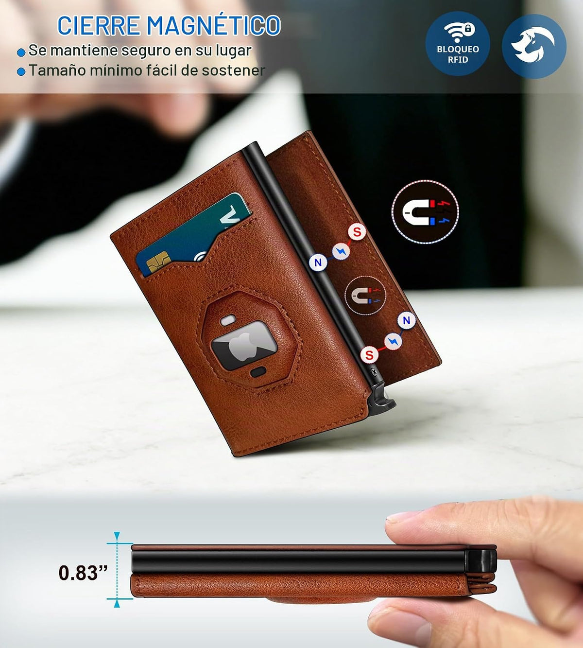 Billetera para Airtag para hombre, con bolsillo para efectivo, 2 ventanas de identificación, más de 10 tarjetas, funda de metal inteligente, delgada, con cierre magnético, bloqueo RFID