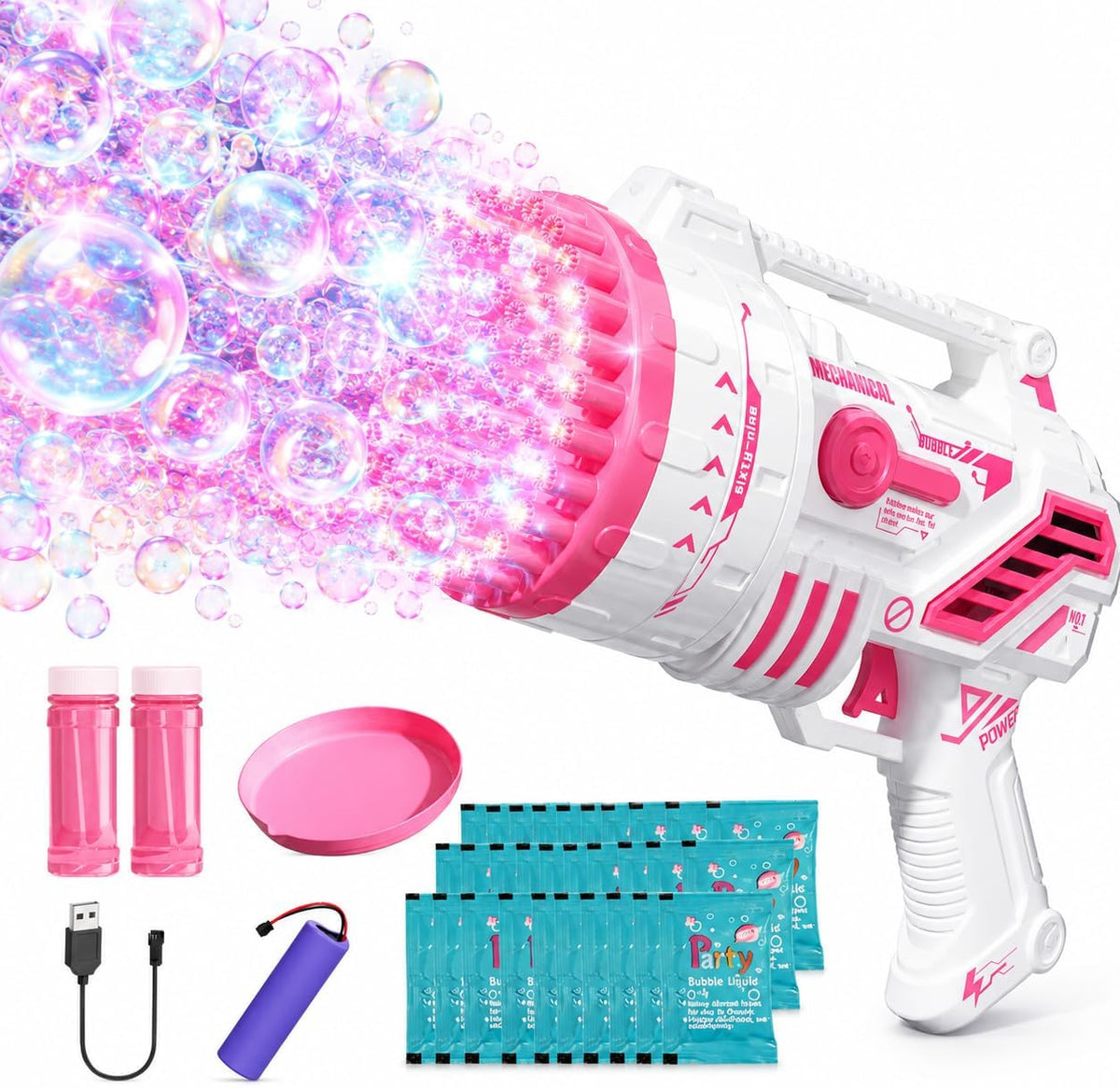 Pistola de burbujas para niños, máquina de burbujas recargable con luces