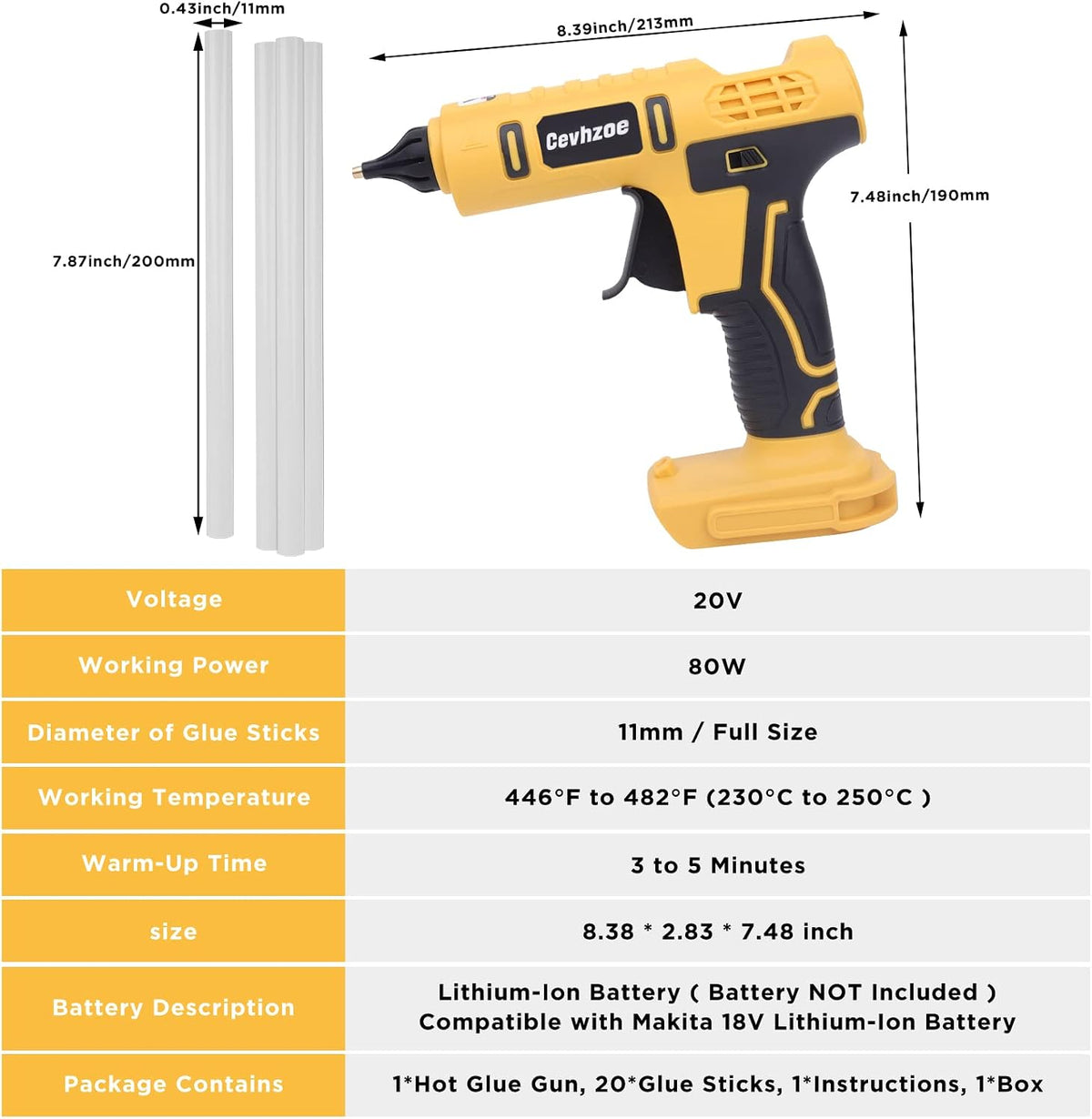 Pistola de pegamento caliente inalámbrica para batería DeWalt de iones de litio de 20 V con 20 barras de pegamento de 0.43 pulgadas y boquilla de cobre aislada, kit de tamaño completo (solo