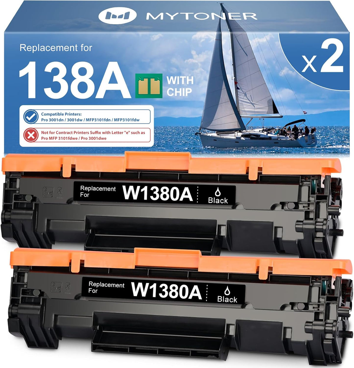 Cartucho de tóner negro 138A (con chip), repuesto compatible para impresora HP 138A 138X W1380A W1380X para impresora Pro 3001dw 3001dn Pro MFP 3101fdw 3101fdn (paquete de 2)