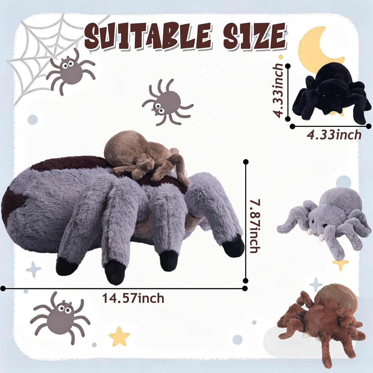 Peluche de araña con 4 bebés en vientre con cremallera, juguete de peluche