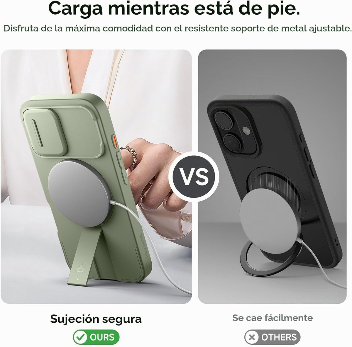 SURITCH Funda para iPhone 16 con cubierta magnética para cámara deslizante y soporte ajustable, compatible con MagSafe, funda protectora delgada a prueba de golpes de 6.1 pulgadas, verde