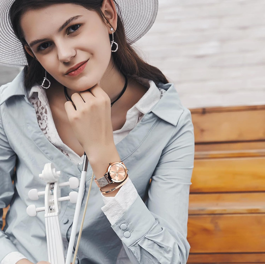 OLEVS Reloj de muñeca pequeño en tono oro rosa para mujer, lindo dial de números arábigos con corazón de diamante, pulsera de malla impermeable a la moda, vestido analógico para mujer