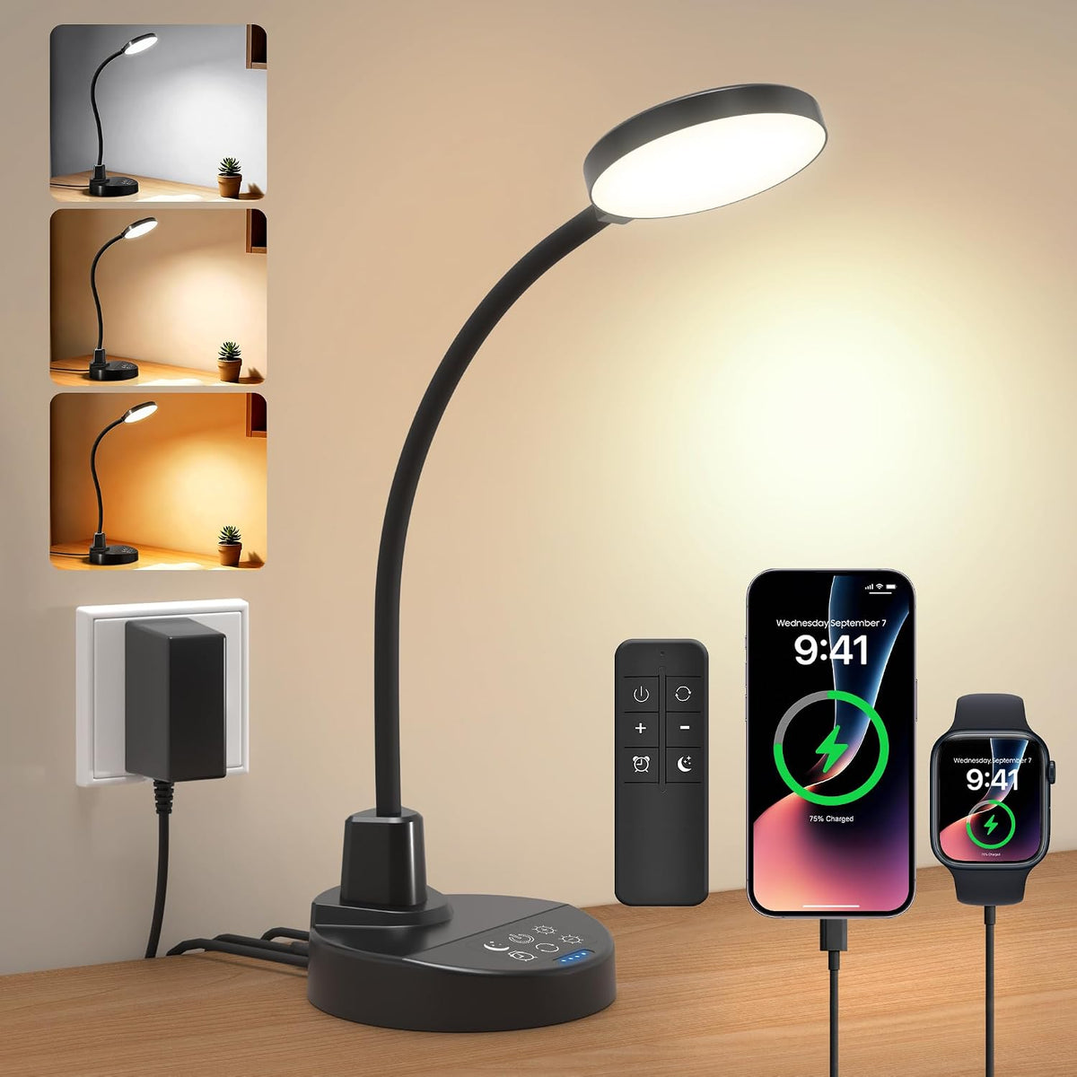 Lámpara Lámpara de escritorio LED de 15 W con puertos de carga USB, [botón y control remoto] Lámpara de mesa regulable con 3 modos de color, 5 niveles de brillo, 4 temporizadores, luz de lectura flexible para
