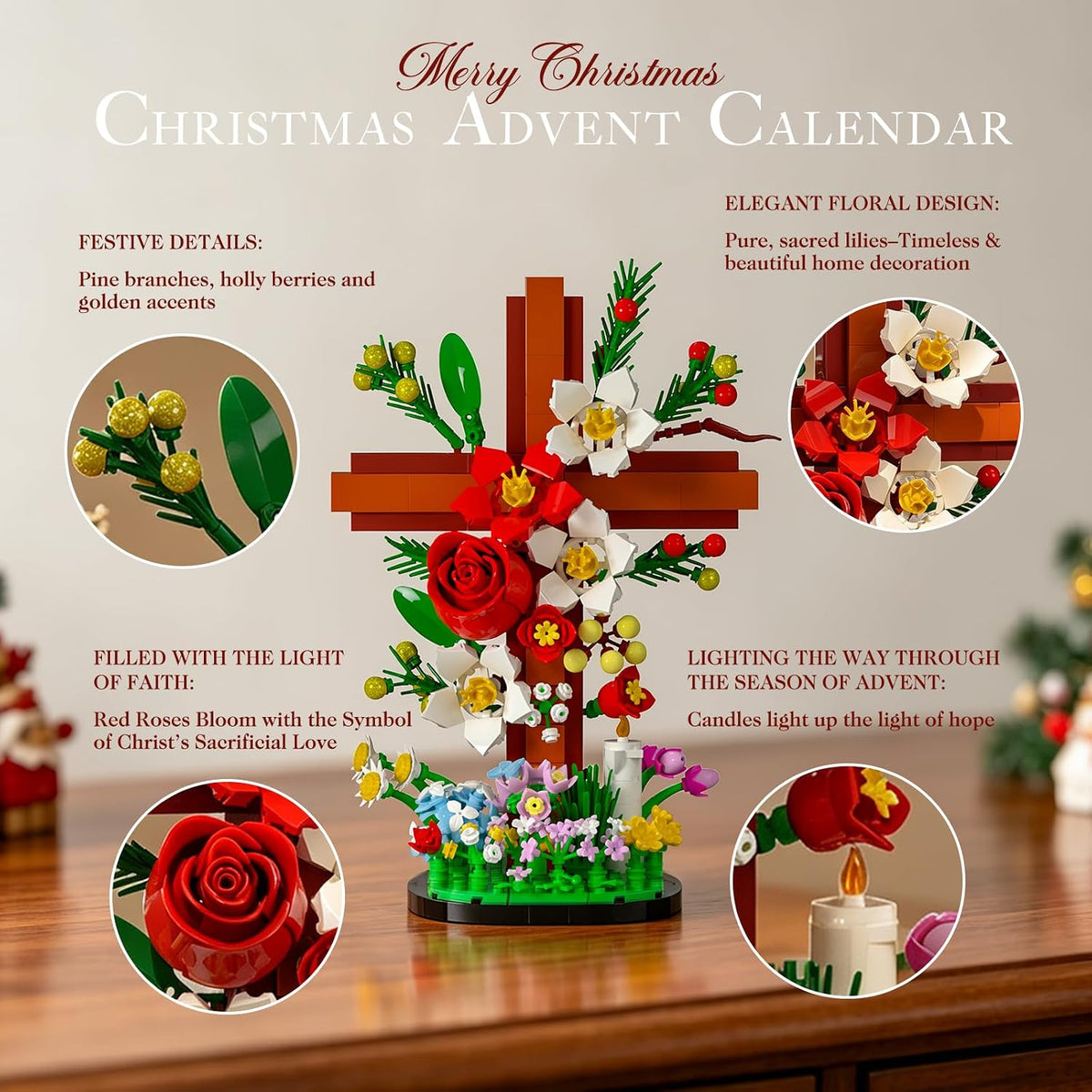 Juego de construcción de calendario de Adviento de Navidad de Jesús Cross Flower 2026, compatible con Lego, 24 días de cruz religiosa, coleccionables, cuenta regresiva, católicos, cristianos