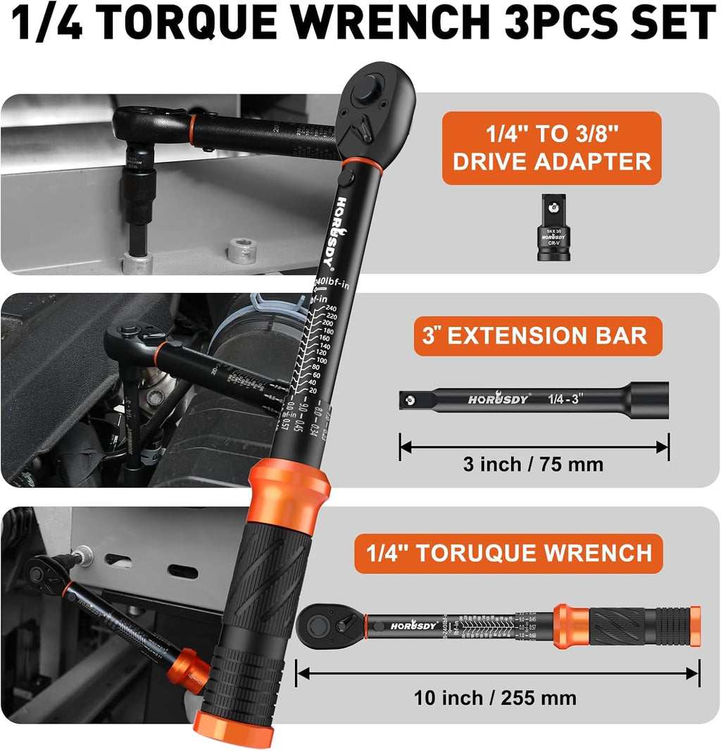 HORUSDY Juego de llave dinamométrica de 1/4" de 4 piezas, llave dinamométrica de 20-240 in-lb con barra de extensión de 3" y adaptador de 1/4" a 3/8", llaves dinamométricas Cr-V de pulgada-libra para