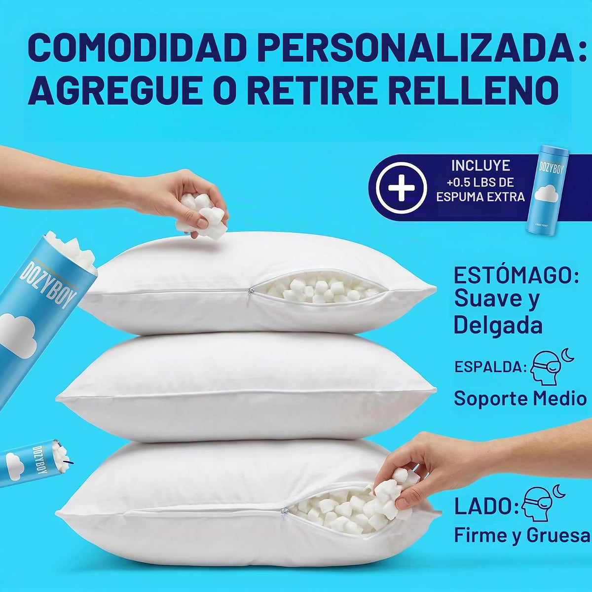 Fluff and Stuff Comfort Pillow | Almohadas de espuma viscoelástica tamaño Queen, diseñadas y aprobadas por quiroprácticos 2 en 1 para soporte de espalda y almohadas de cama | Almohada
