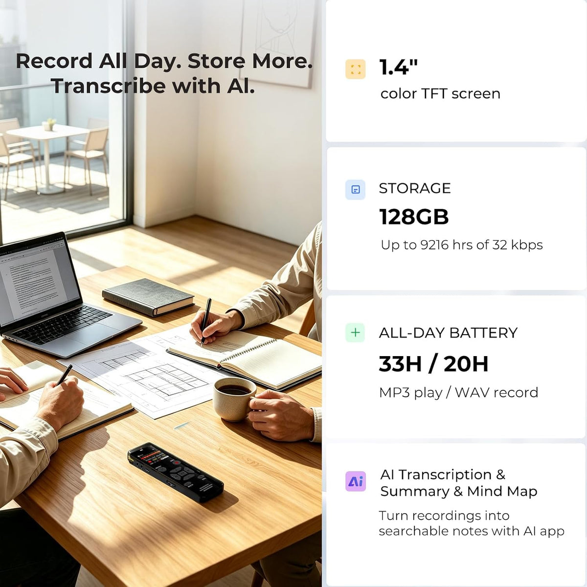 EVISTR Grabadora de voz digital 128GB AI Transcribir y resumir tomador de