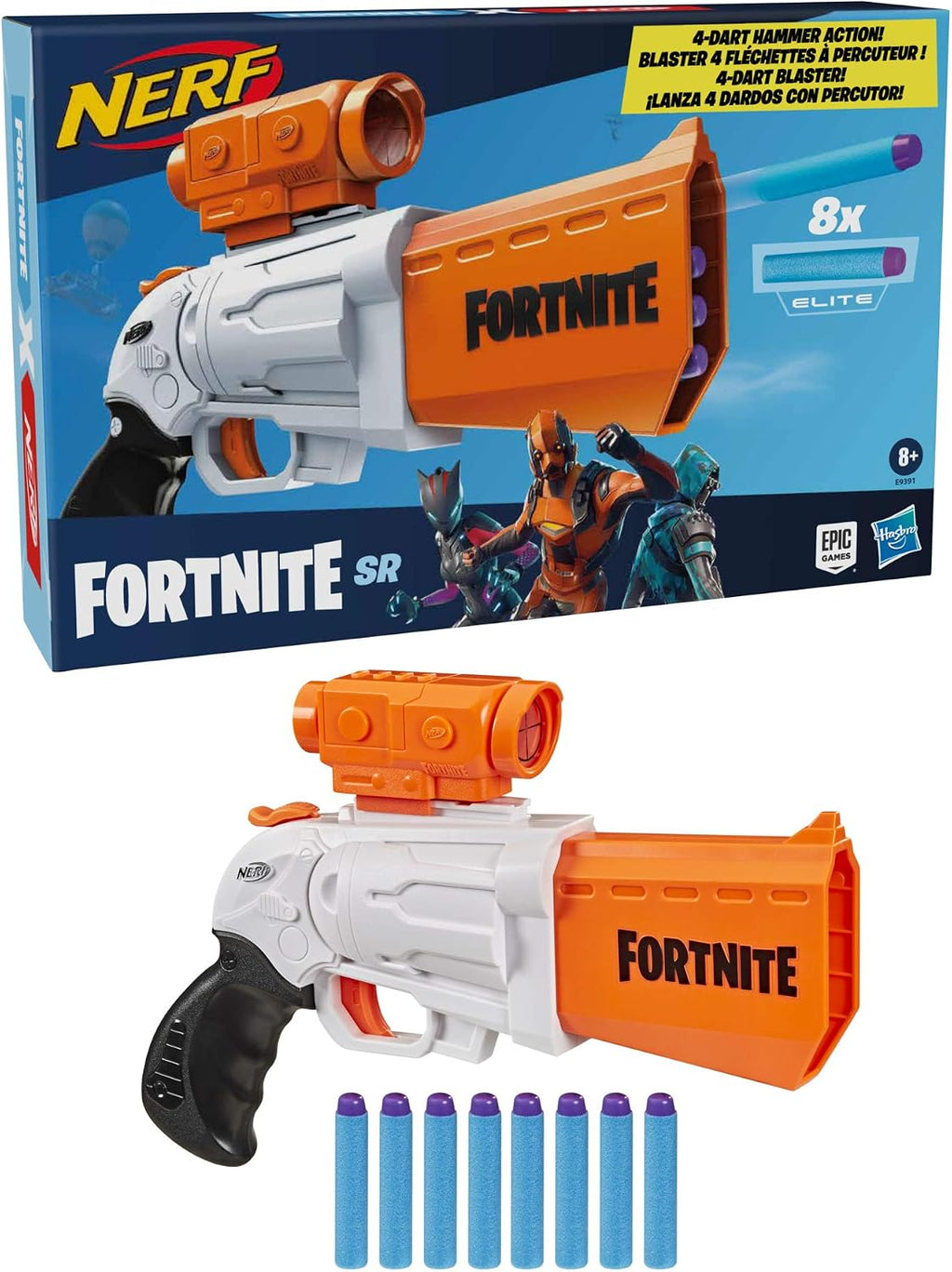 Nerf Fortnite SR Blaster - Acción de martillo de 4 dardos - Incluye alcance extraíble y 8 dardos oficiales Nerf Elite - para jóvenes, adolescentes y adultos