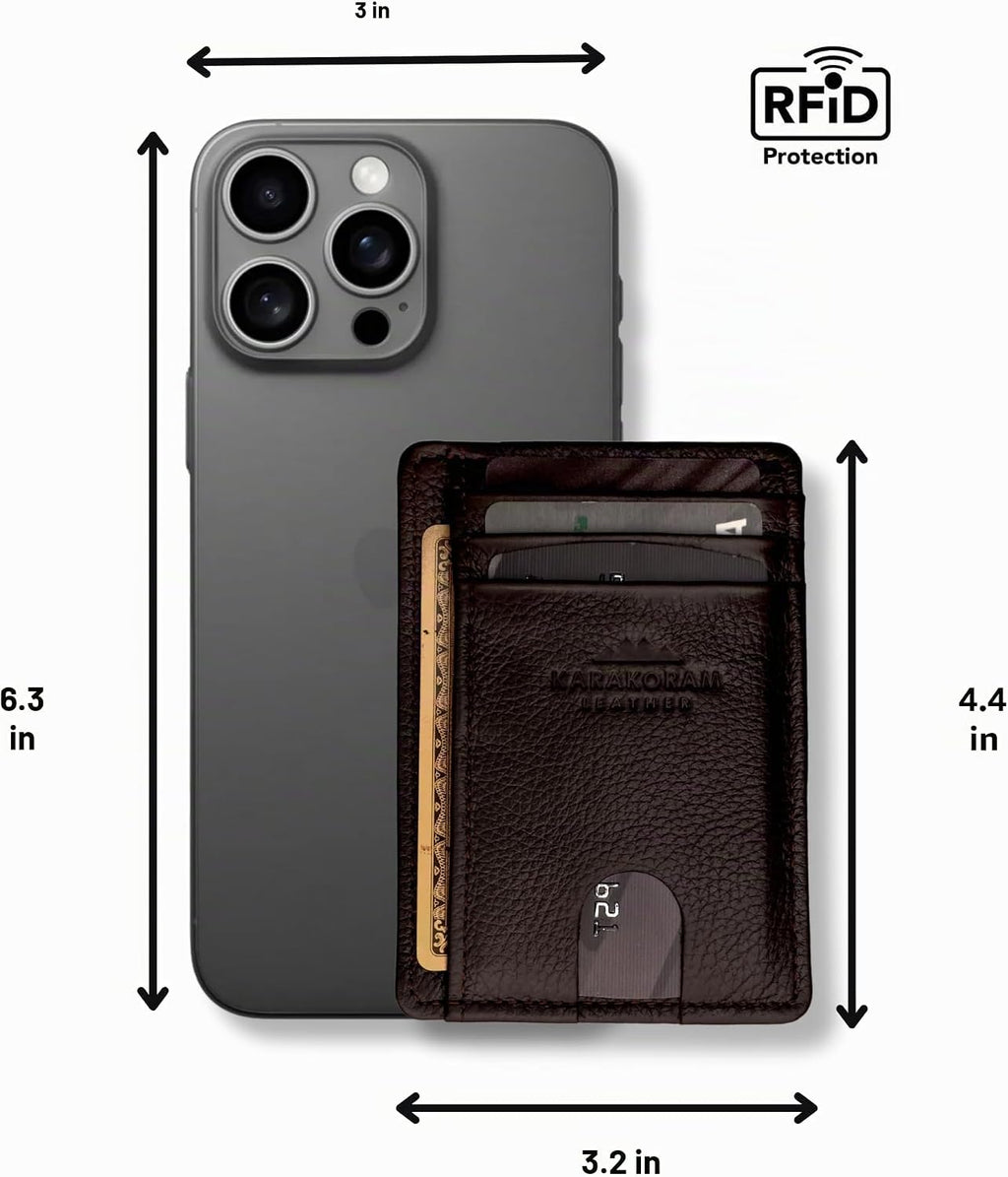 KARAKORAM LEATHER Porta Tarjetas de Crédito para Hombres y Mujeres – Cartera Slim para Bolsillo Frontal con Bloqueo RFID, Hecha a Mano en Piel de Vaca de Primera, Capacidad para 8 Tarjetas + Efectivo, Ranuras de Acceso Rápido, Caja de Regalo (Mountain