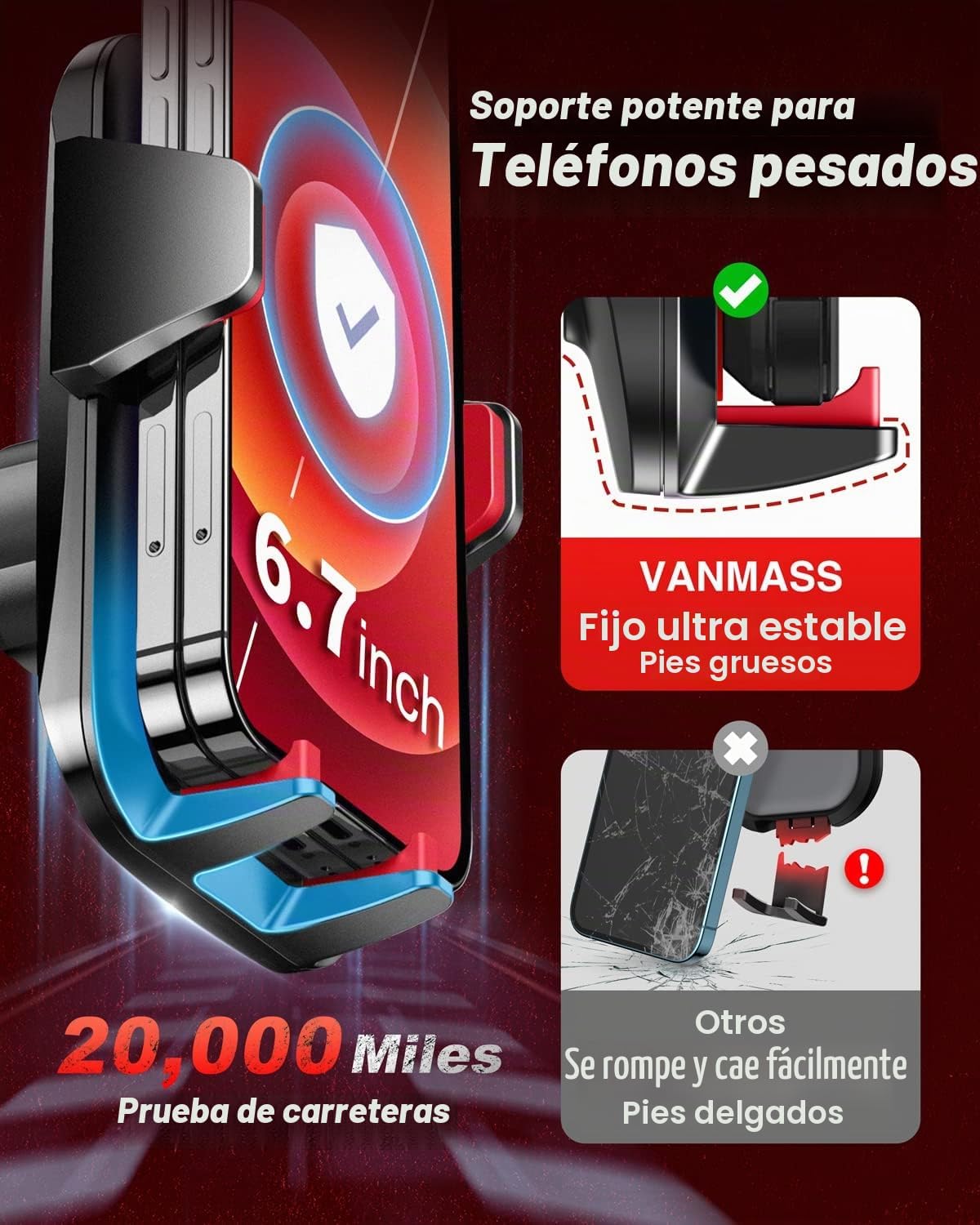 VANMASS Soporte de teléfono para automóvil de grado militar y ventosa más fuerte de 85 libras [patente y certezas de seguridad]: soporte para teléfono celular para ventilación del parabrisas del