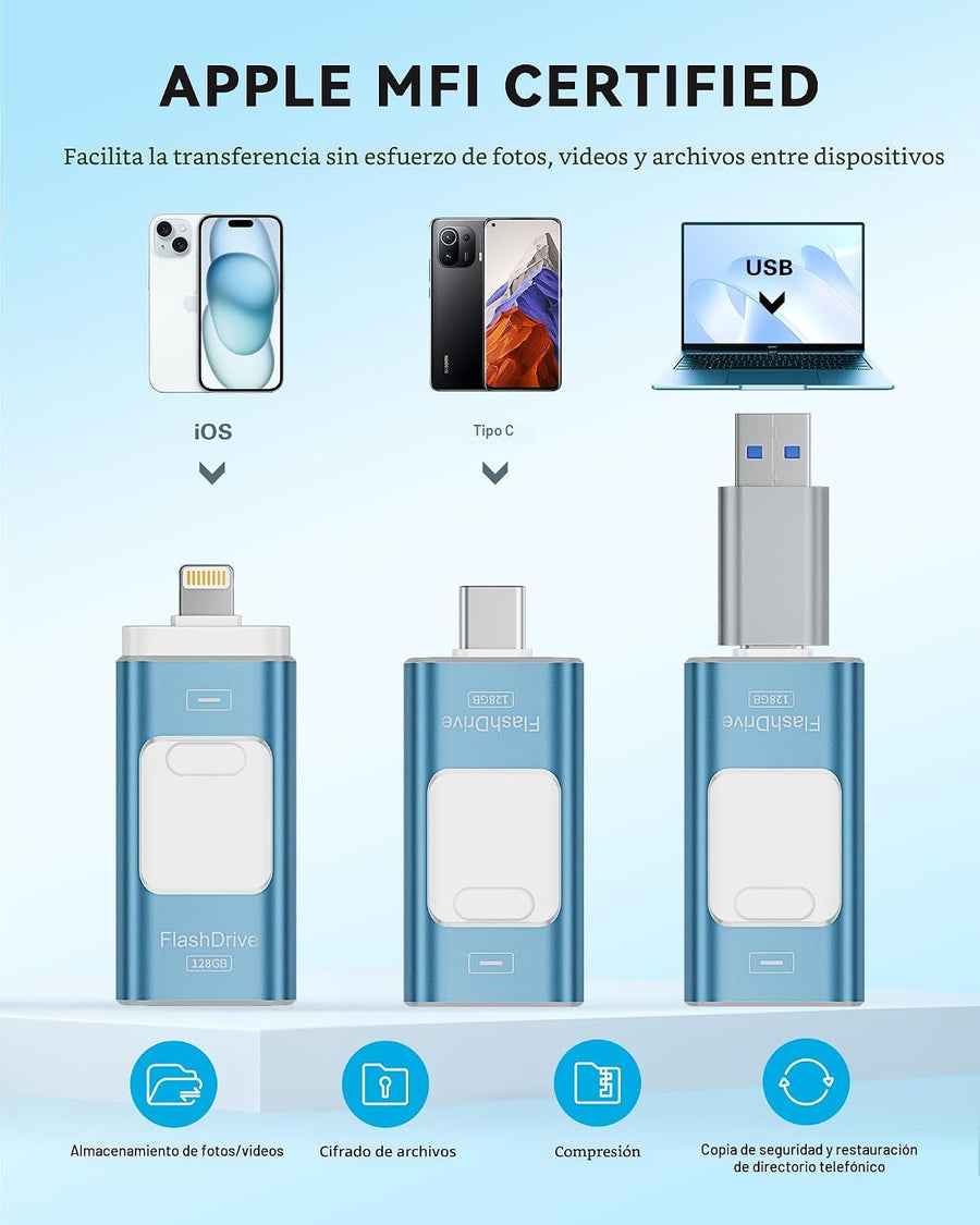 Unidad Flash Certificada Apple MFi 128GB para iPhone, Unidad Pulgar...