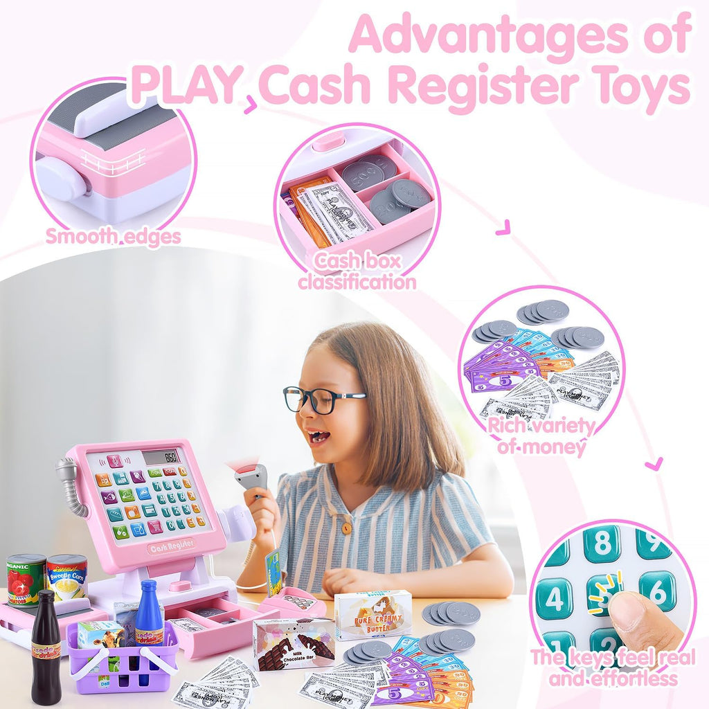 PLAY Caja registradora de juguete para niños - Juguetes de simulación de calculadora con micrófono/transportadores/dinero de juguete/escaner/tarjeta de crédito/latas/bebida, 3+ años. Juguetes