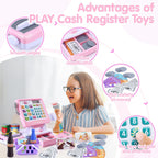 PLAY Caja registradora de juguete para niños - Juguetes de simulación de calculadora con micrófono/transportadores/dinero de juguete/escaner/tarjeta de crédito/latas/bebida, 3+ años. Juguetes
