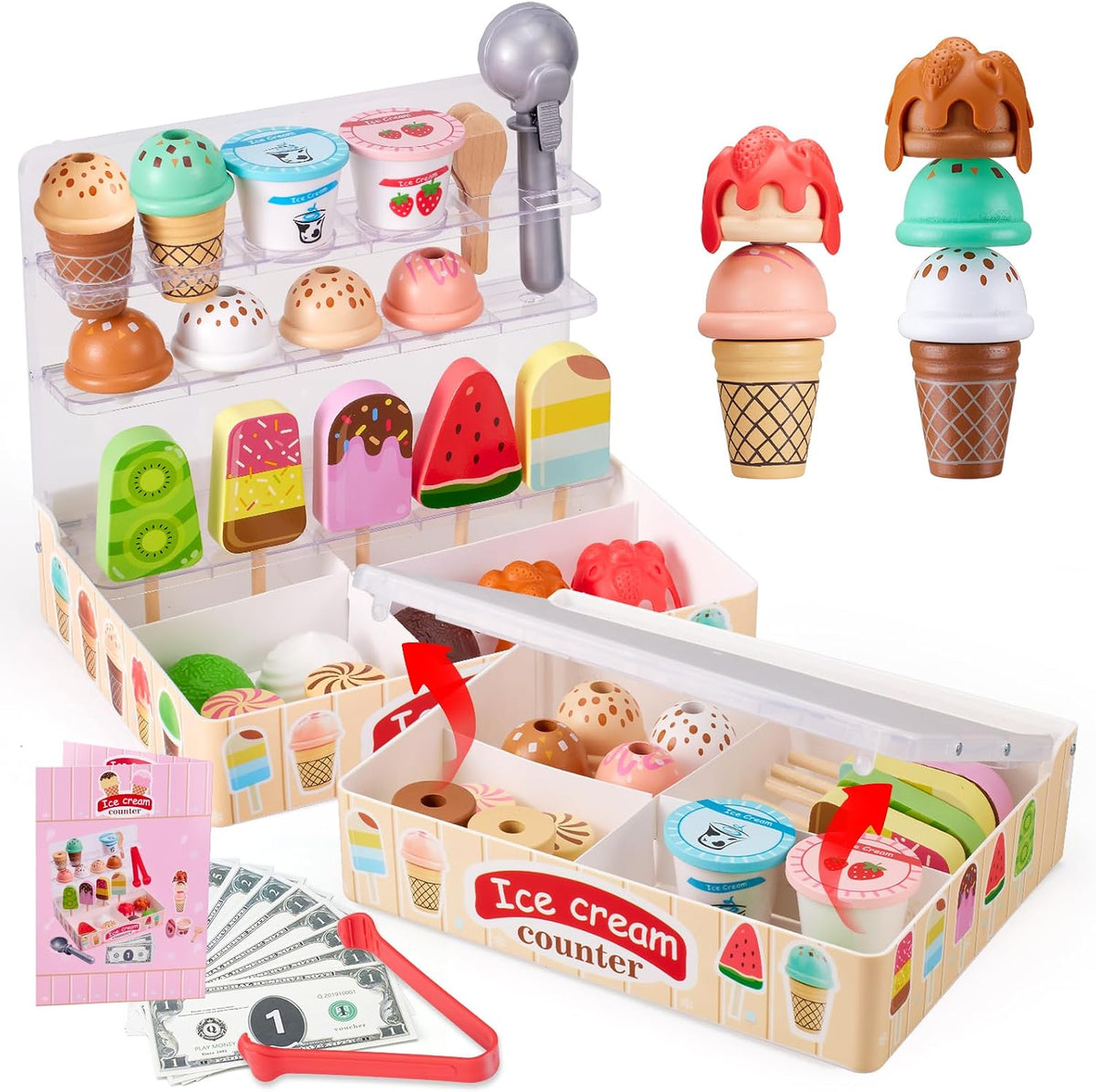 Ehome - Juego de helado plegable de madera para niños, juego de comida de
