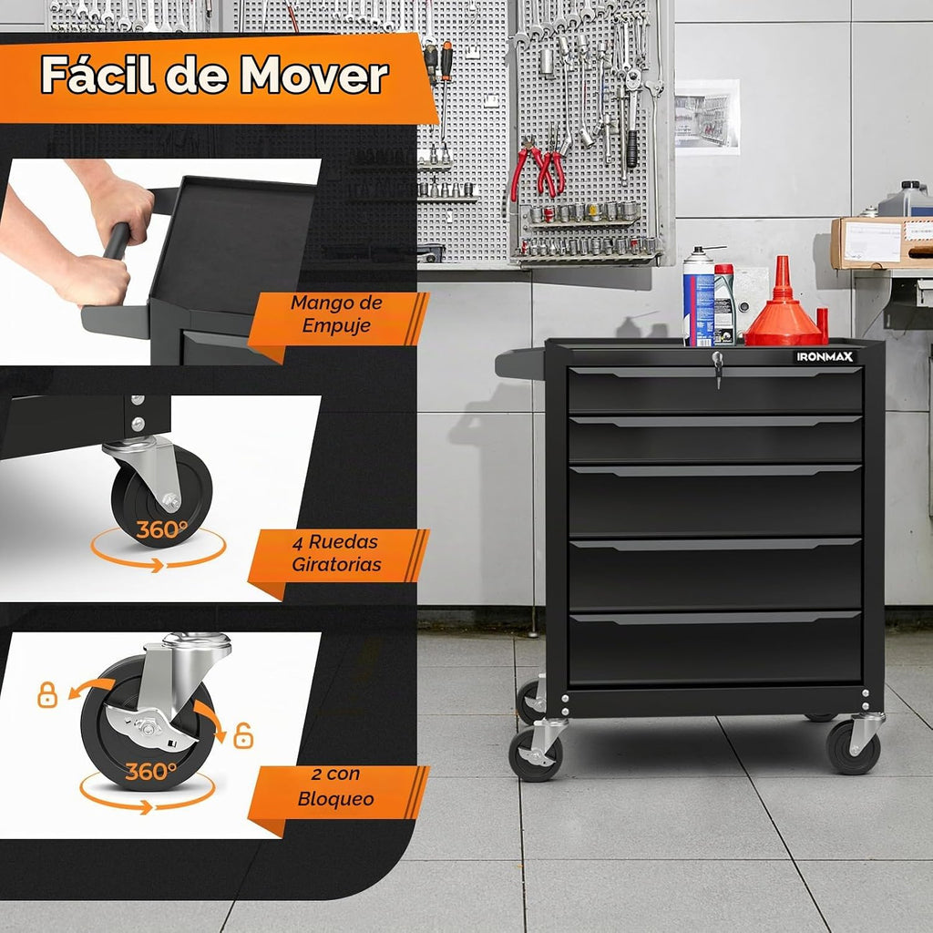 Goplus Cofre de herramientas con ruedas de 5 cajones, gabinete de almacenamiento de herramientas de acero con asa, agujeros para colgar, sistema de bloqueo con llave central