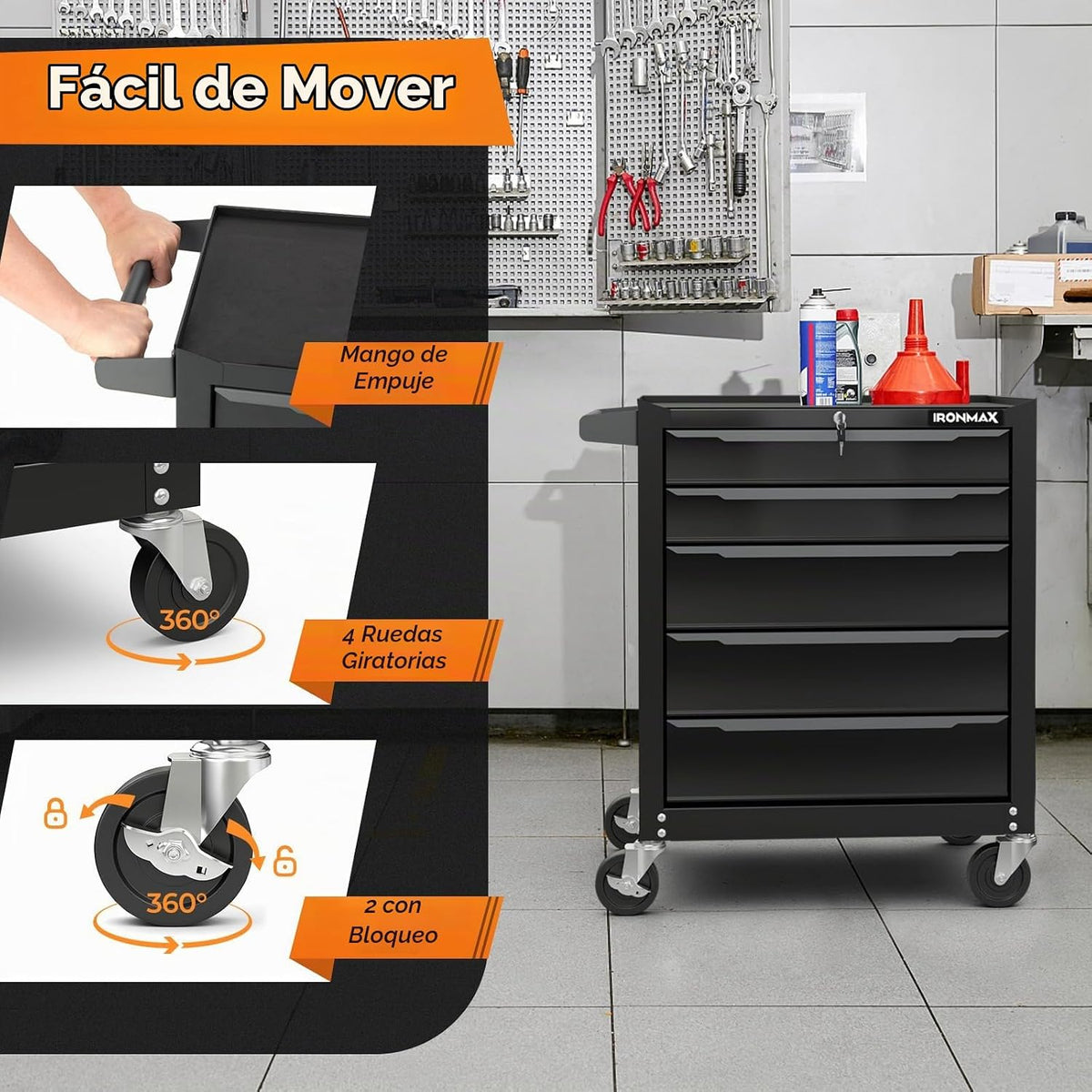 Goplus Cofre de herramientas con ruedas de 5 cajones, gabinete de almacenamiento de herramientas de acero con asa, agujeros para colgar, sistema de bloqueo con llave central