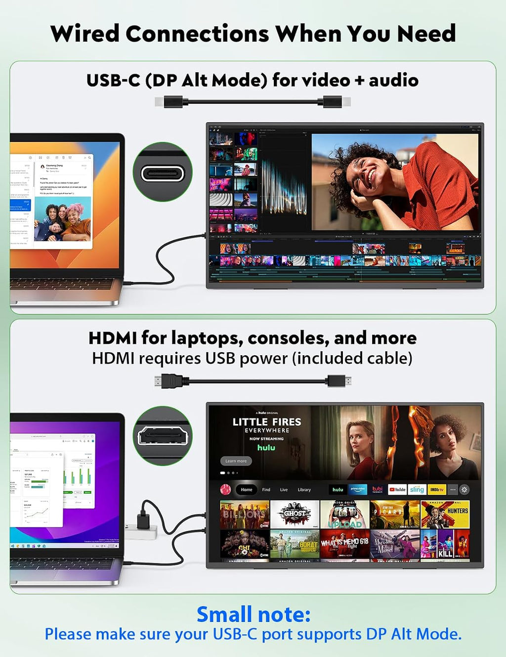 ZSCMALLS Monitor portátil inalámbrico de 23.8 pulgadas con batería incorporada, pantalla IPS FHD de 1080P, pantalla AirPlay y Miracast, no necesita aplicación, modo Alt USB C DP y HDMI, VESA