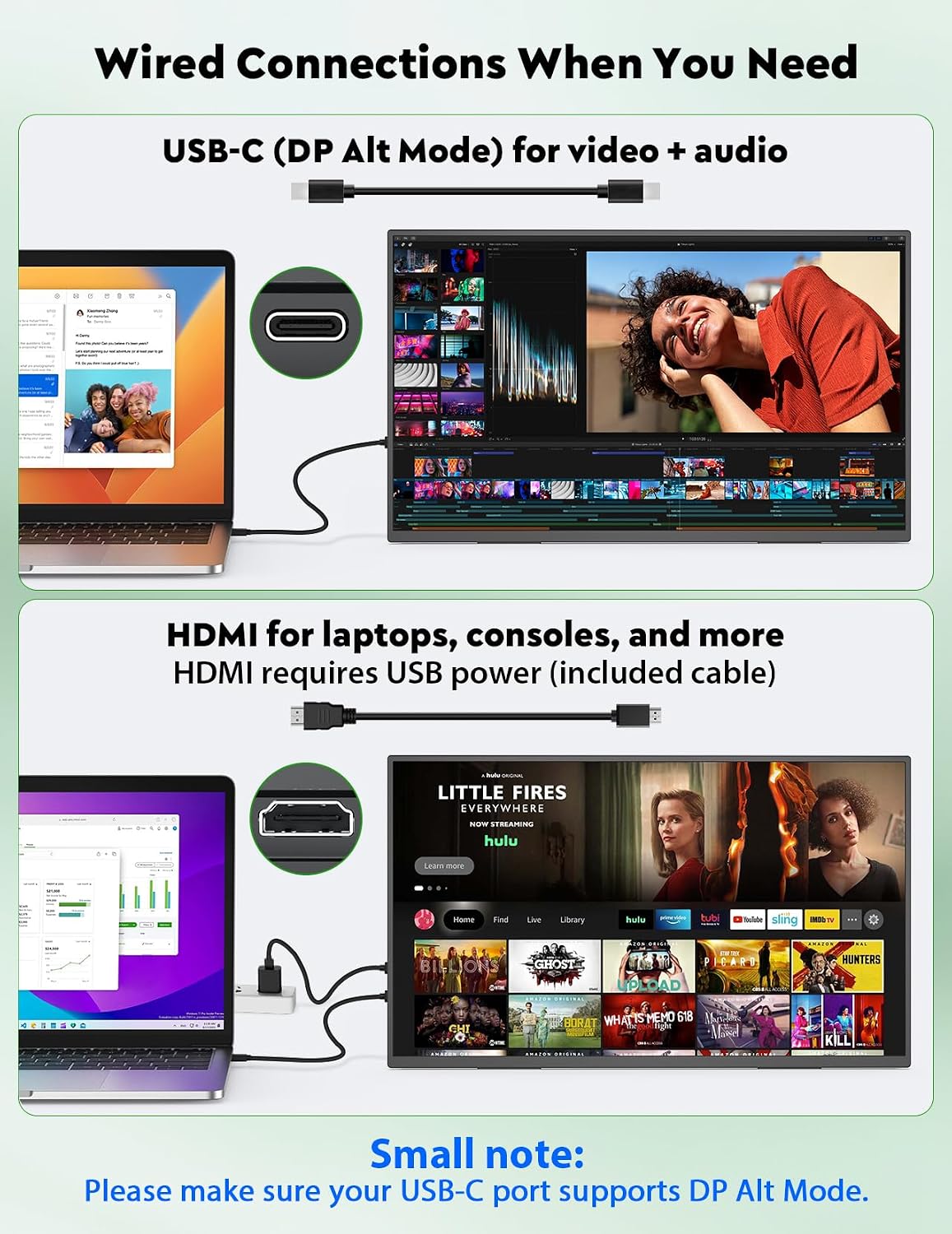 ZSCMALLS Monitor portátil inalámbrico de 23.8 pulgadas con batería incorporada, pantalla IPS FHD de 1080P, pantalla AirPlay y Miracast, no necesita aplicación, modo Alt USB C DP y HDMI, VESA