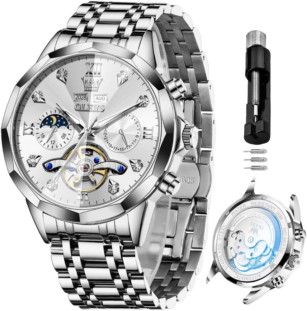 Reloj OLEVS Skeleton para Hombre Automático de Negocios Lujo con Diamante, Reloj Automático de Carga, Reloj de Pulsera con Calendario de Acero Inoxidable